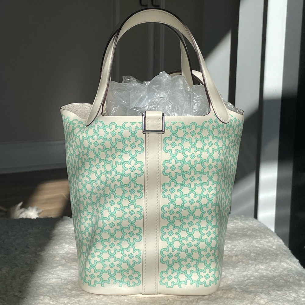 Hermes Picotin Cream and Green Daisy Tote Bag